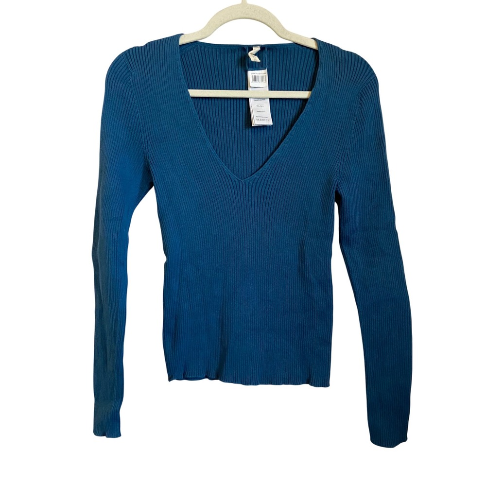 YARGICI Ribbed V Neck‎ Long Sleeve Sweater Deep Teal Blue Knit Top M